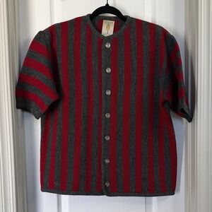 VINTAGE Penguin Maroon and Gray Stipe Button Up Short sleeve Sweater Size M